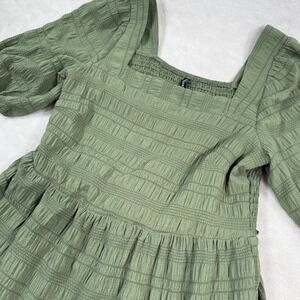 Fashion Sage Green Smocked Midi Dress Square Neck Puff Sleeve Tiered 7345 Medium